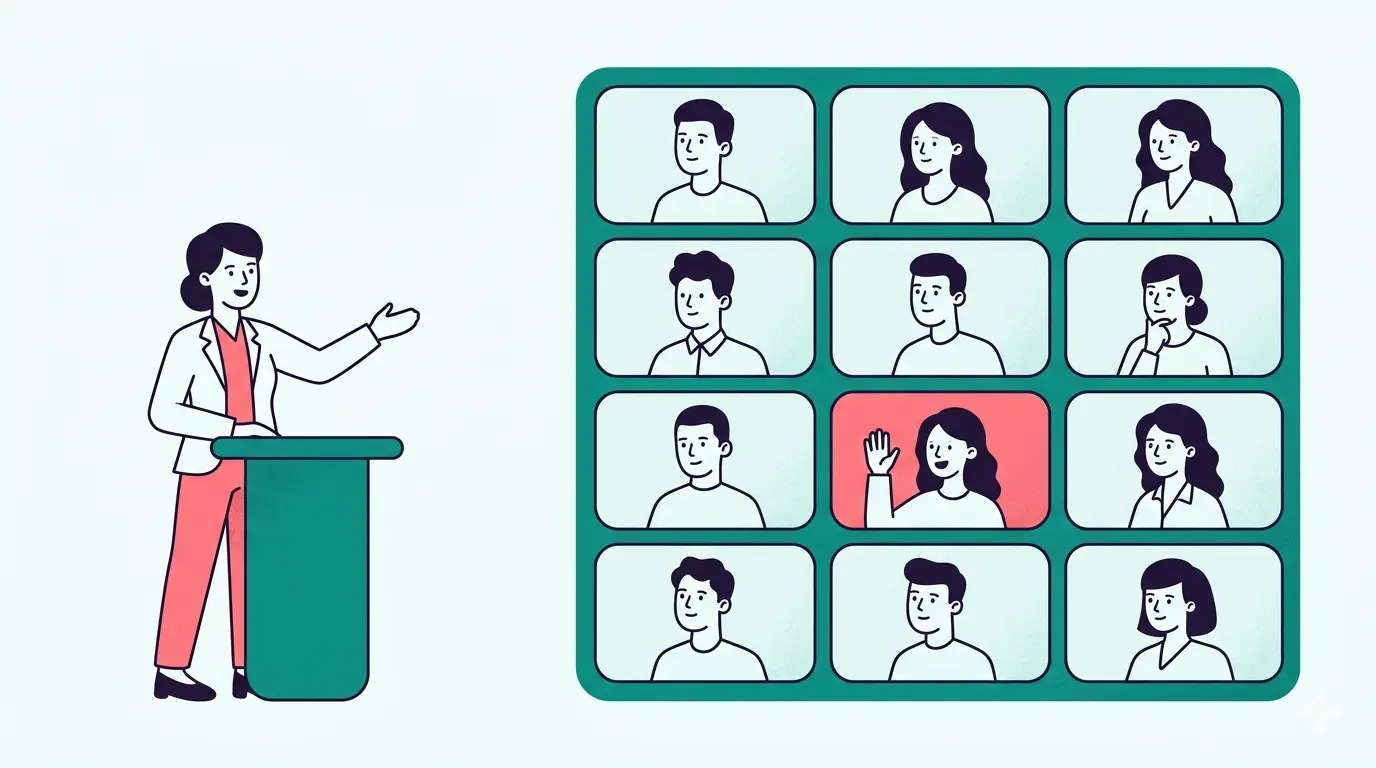 Remote all-hands meeting with a presenter and a grid of attendees