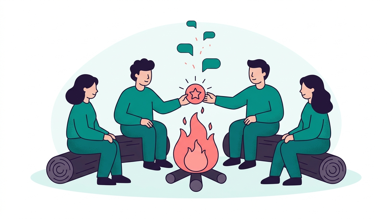 Celebrating a work anniversary around the team campfire in Basecamp