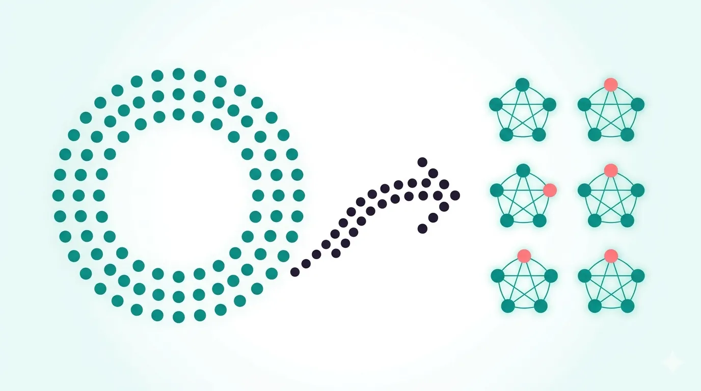 Remote team bonding at scale — one big group becoming many small connected circles