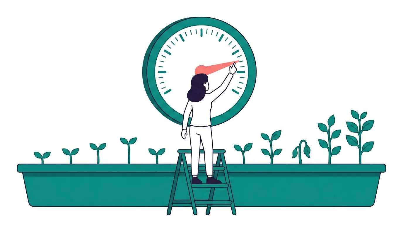 Employee happiness — a score being nudged by hand while the thing it measures grows unevenly underneath