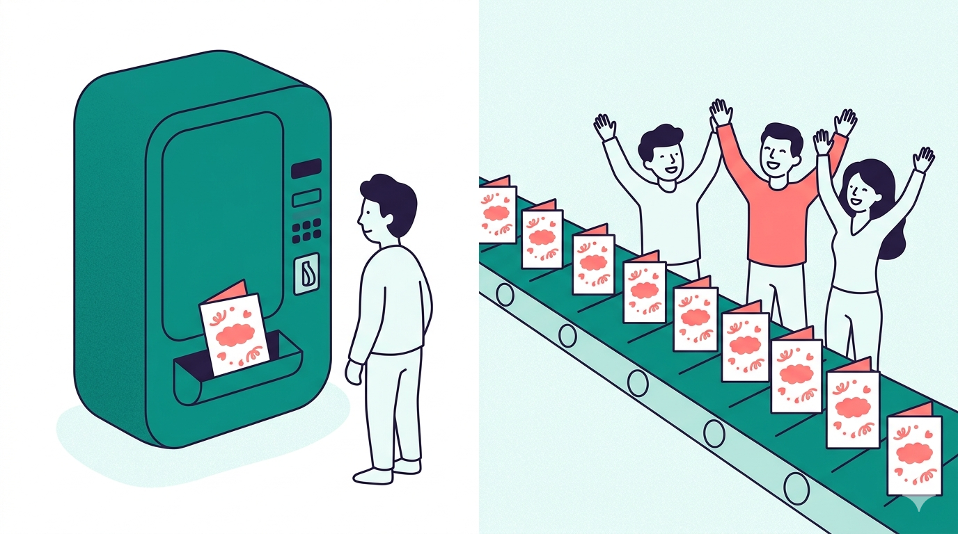 Group cards one at a time versus an automated flow of team celebration cards