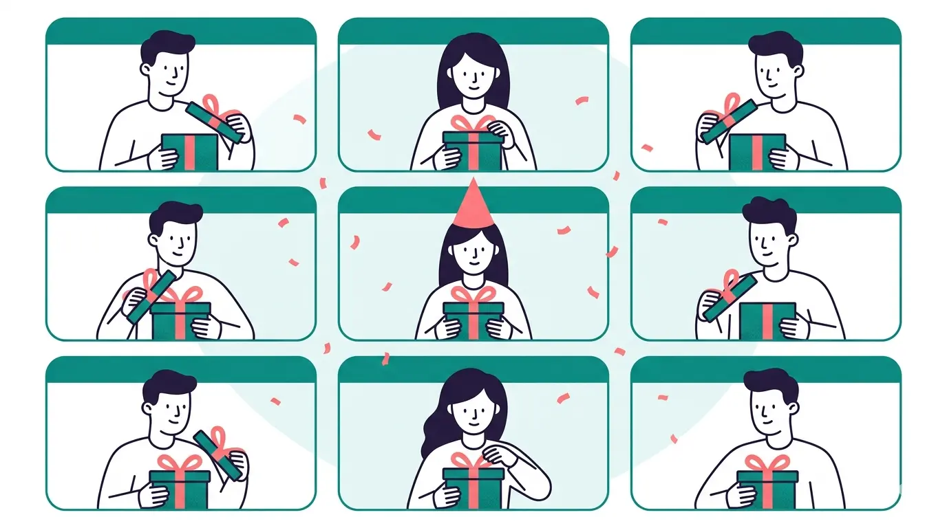 Virtual holiday party for a distributed team opening gift boxes together on a video call